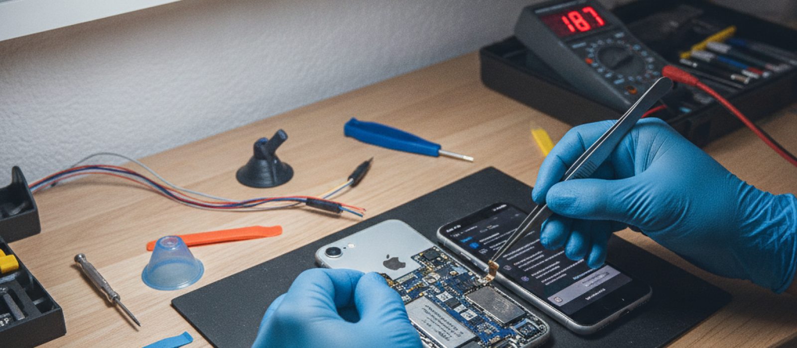 iPhone şarj portuna takılı bir şarj kablosu ve anakart üzerindeki şarj entegresi görseli