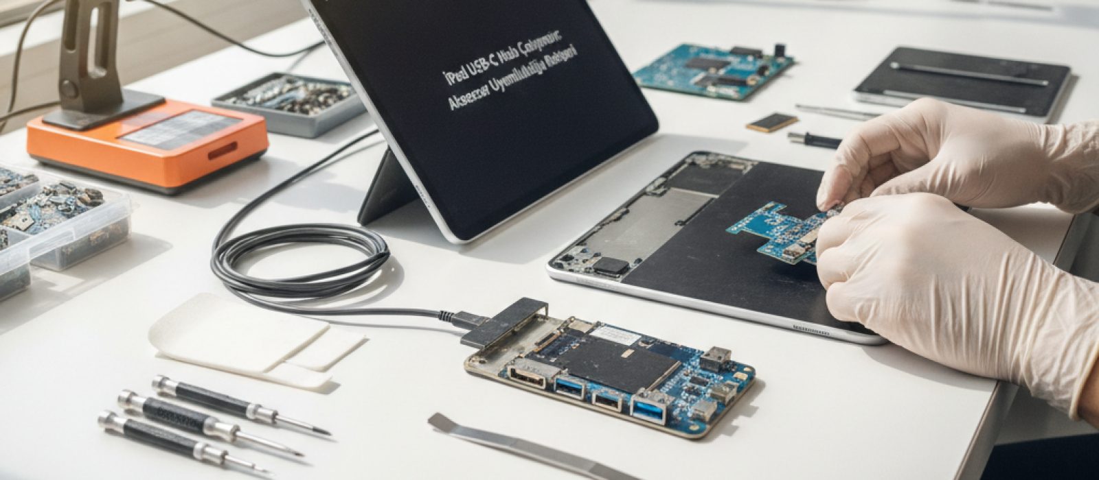 iPad'e bağlı USB-C hub ve farklı aksesuarların yakın çekim görüntüsü, uyumluluk sorunlarını temsil ediyor.