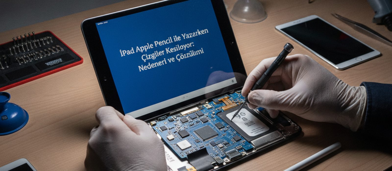 iPad ekranında Apple Pencil ile çizim yapan bir el, çizgilerin kesilmesi sorununu simgeliyor