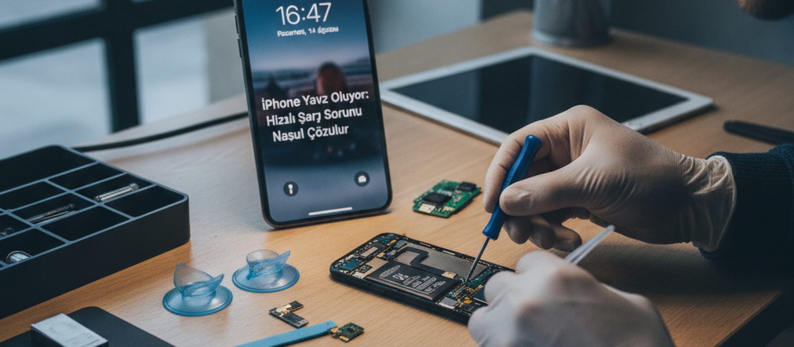 iPhone'un şarj portuna takılan Lightning kablosu ve yavaş şarj sorununu temsil eden bir illüstrasyon