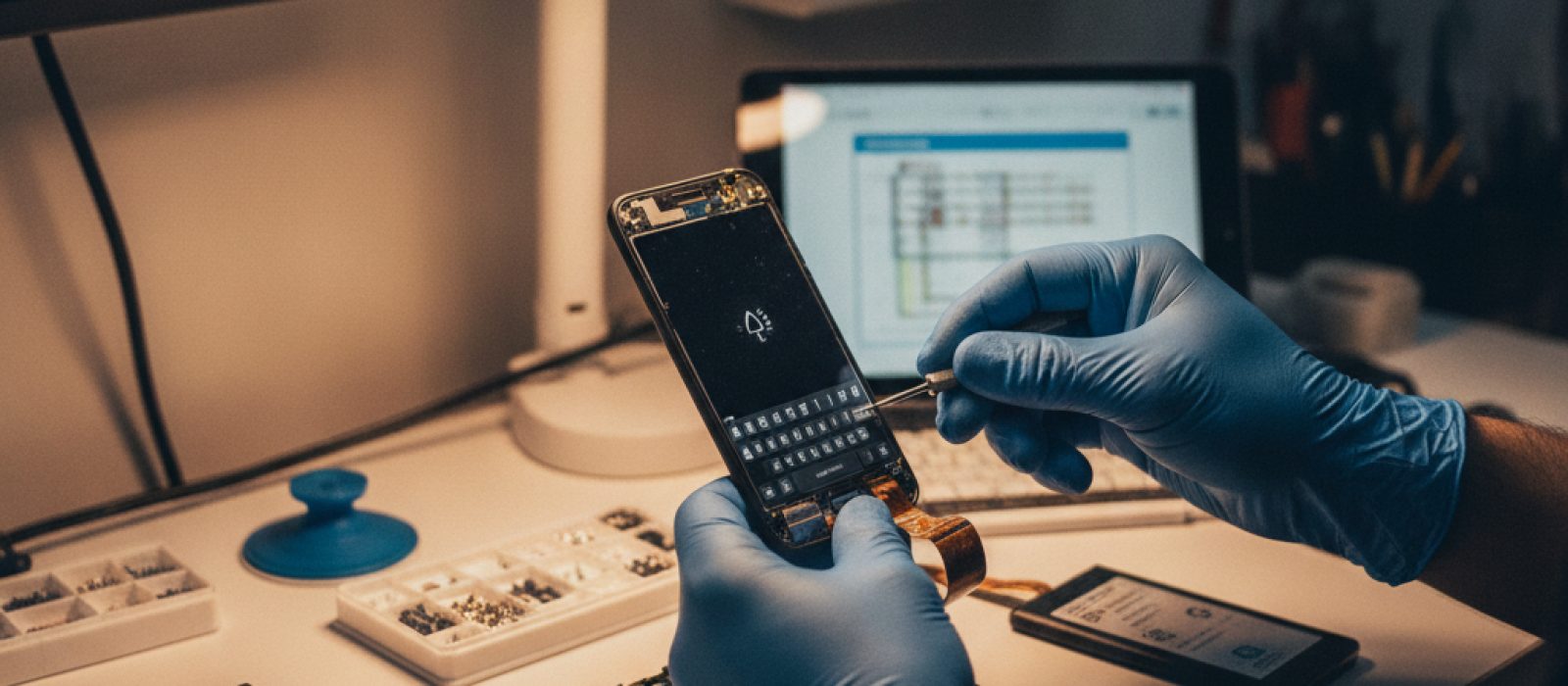 iPhone ekranında görünen sanal klavye ve bir kullanıcının klavyeyi kullanırken parmaklarını gösteren yakın çekim bir görsel.