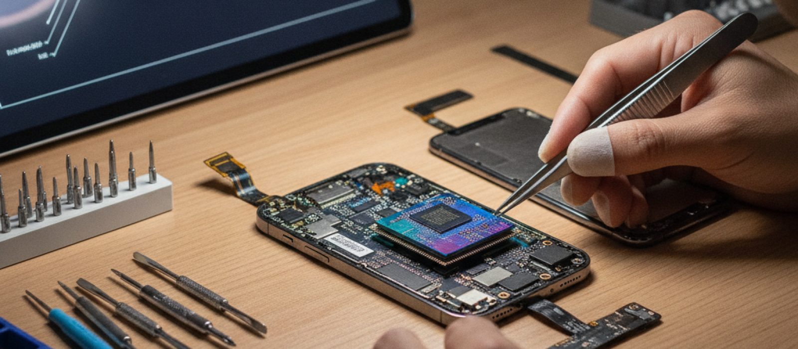 iPhone 18 Pro'nun gelişmiş çip mimarisini temsil eden soyut bir teknoloji görseli