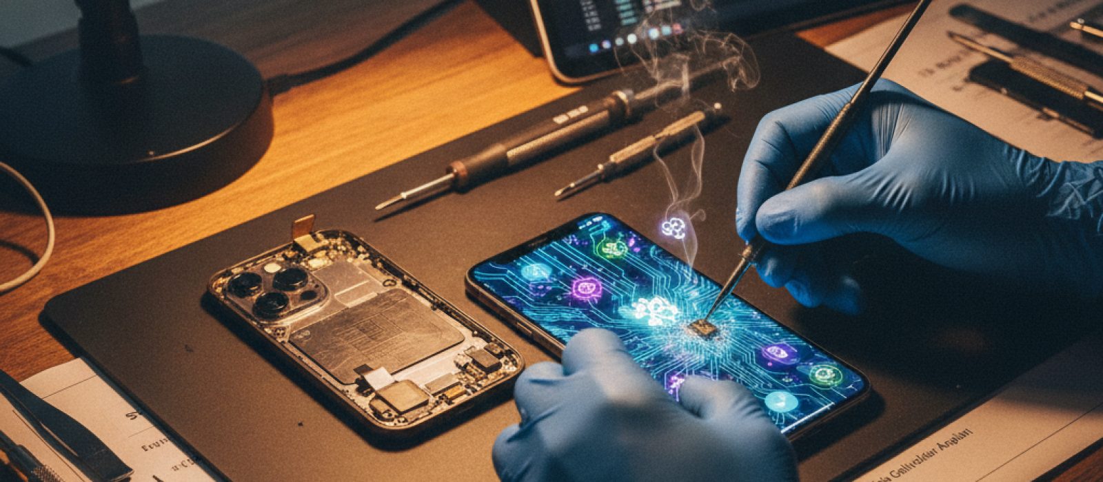 Apple yapay zeka geliştirici araçları logosu ve soyut, bağlantılı bir dijital ağ görseli