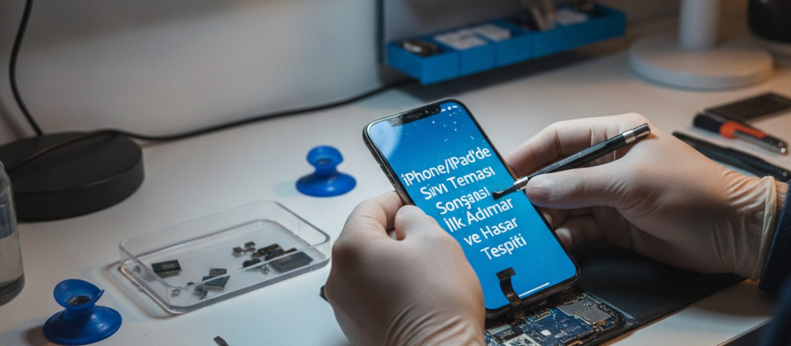 Suya düşmüş iPhone veya iPad'de sıvı teması sonrası yapılması gerekenleri gösteren bir görsel