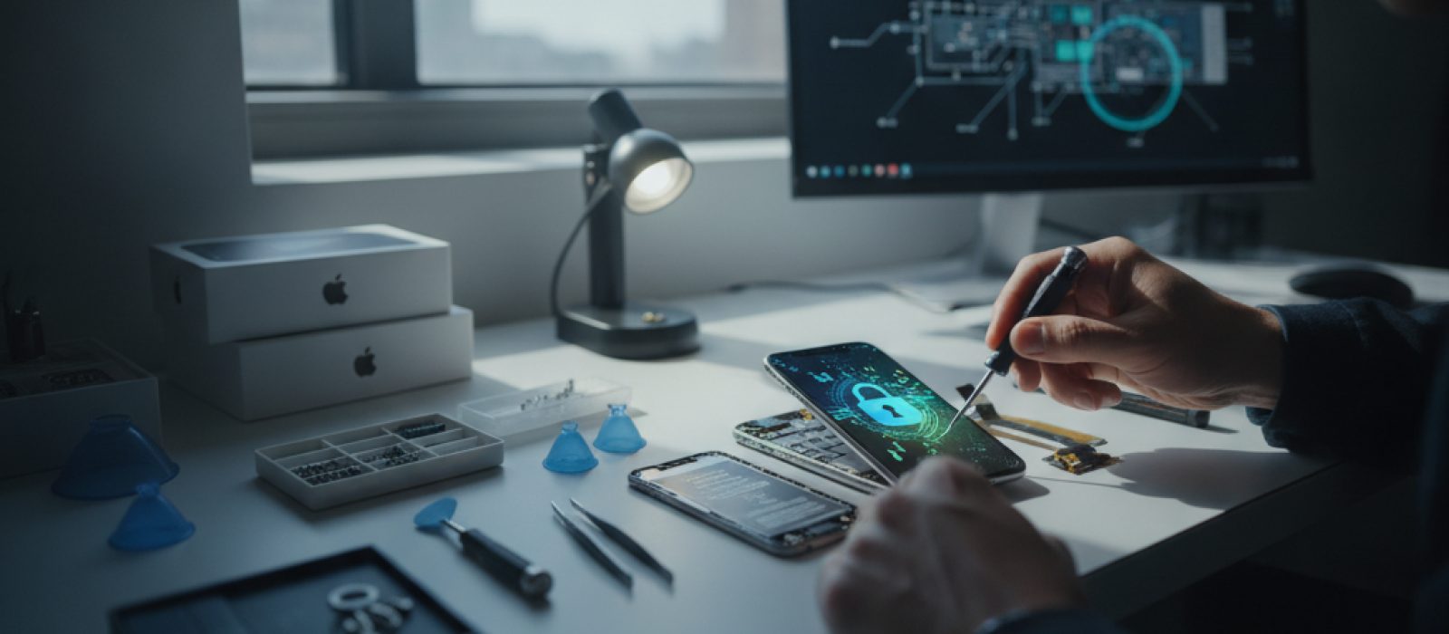 iPhone ekranında kilit simgesi ve veri korumasını simgeleyen dijital kalkanlar, Apple'ın gizlilik felsefesini vurguluyor