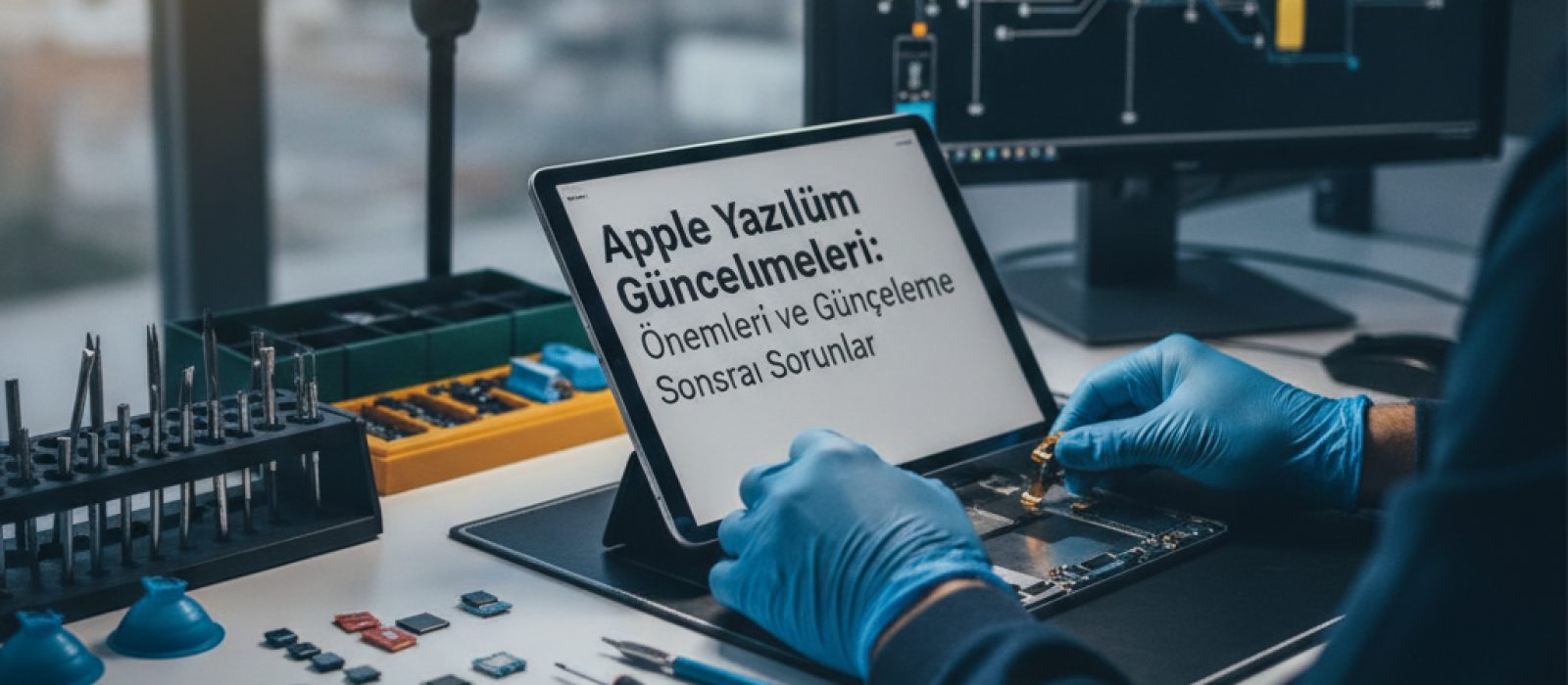 iPhone veya iPad üzerinde Apple yazılım güncelleme ekranı ve çeşitli sorunları gösteren simgeler