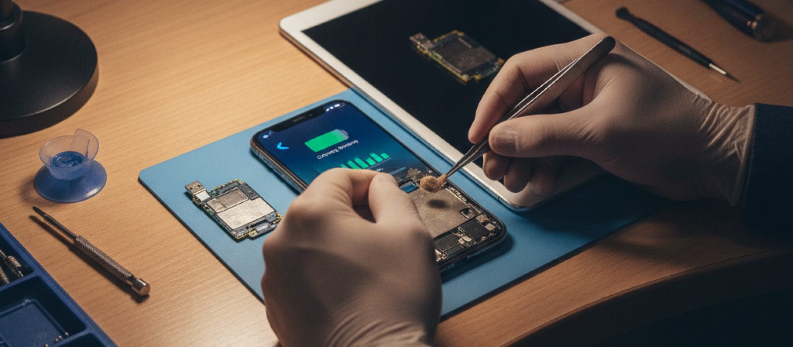 iPhone veya iPad şarj portu temizliği yapılırken yakın çekim görüntü, bir kürdan ile toz temizleniyor.