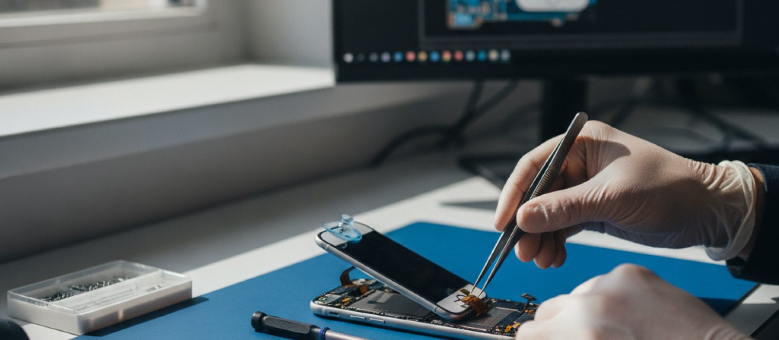 Gri bir iPhone'un yan tuşuna basan parmak, arka planda bulanık bir iPad ekranı ile birlikte, 'iphone home tuşu çalışmıyor yan