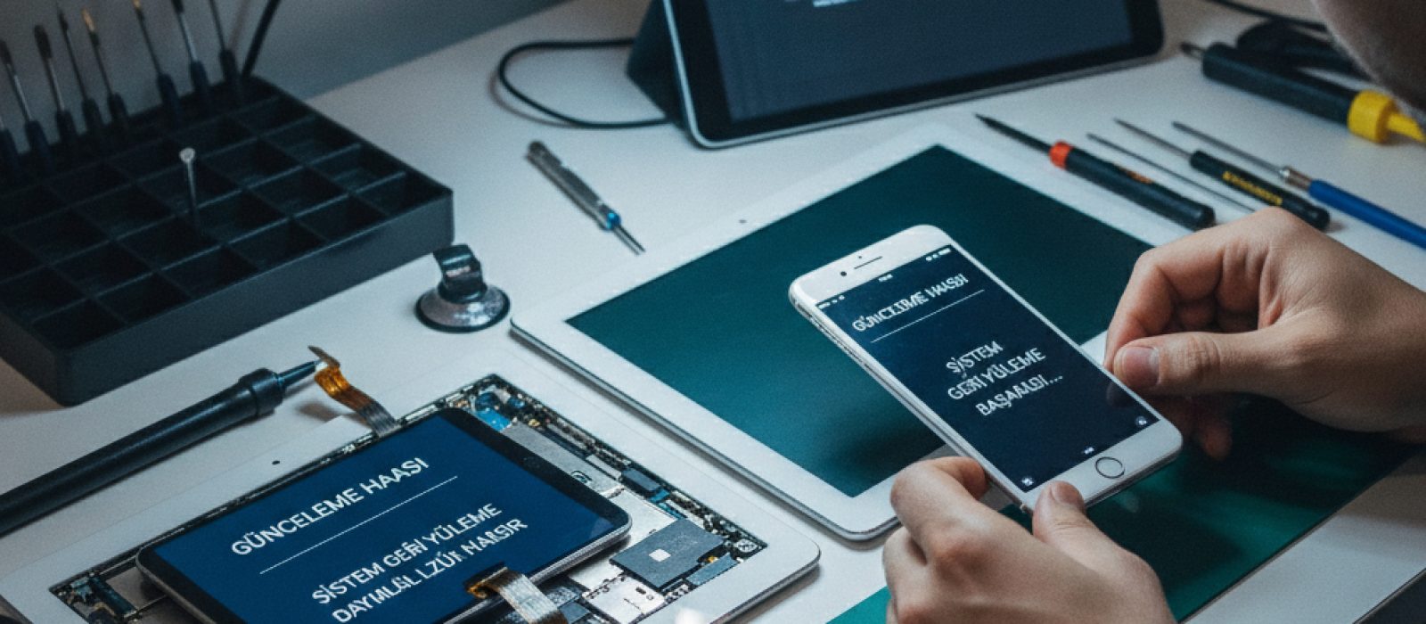 iPhone veya iPad ekranında yazılım güncellemesi sonrası hata mesajı ve yavaş çalışan bir cihazın yakın çekim görüntüsü