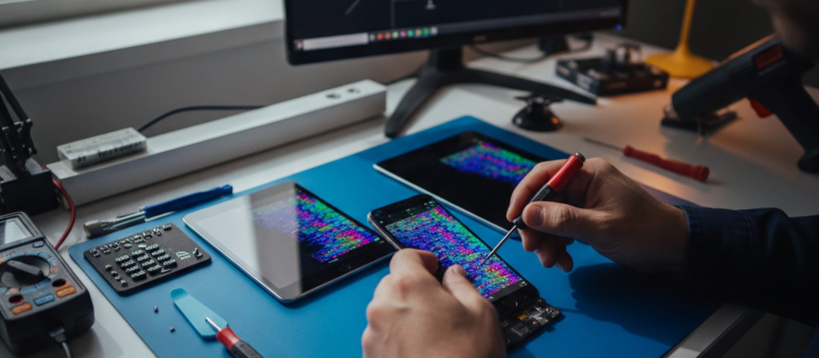 iPhone veya iPad ekranında renk bozulmaları ve piksel hatası gösteren bir akıllı telefon ekranı