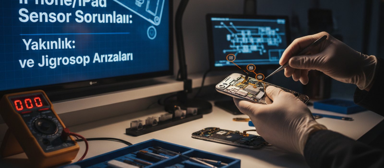 iPhone'un ön panelini gösteren, yakınlık sensörünün konumunu işaret eden bir görsel