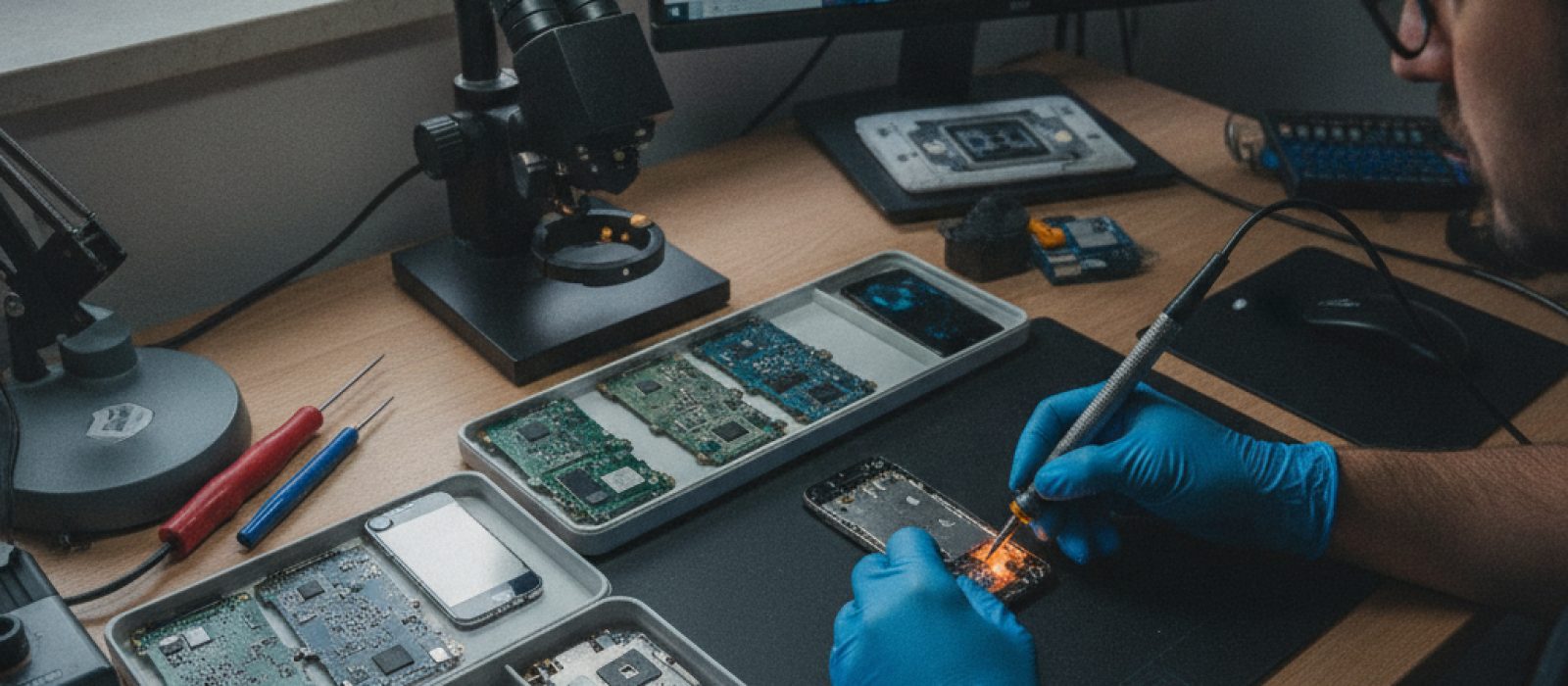 iPhone anakart tamiri mi değişim mi kararı veren bir kişinin elinde bozuk bir iPhone ve yeni bir iPhone kutusu