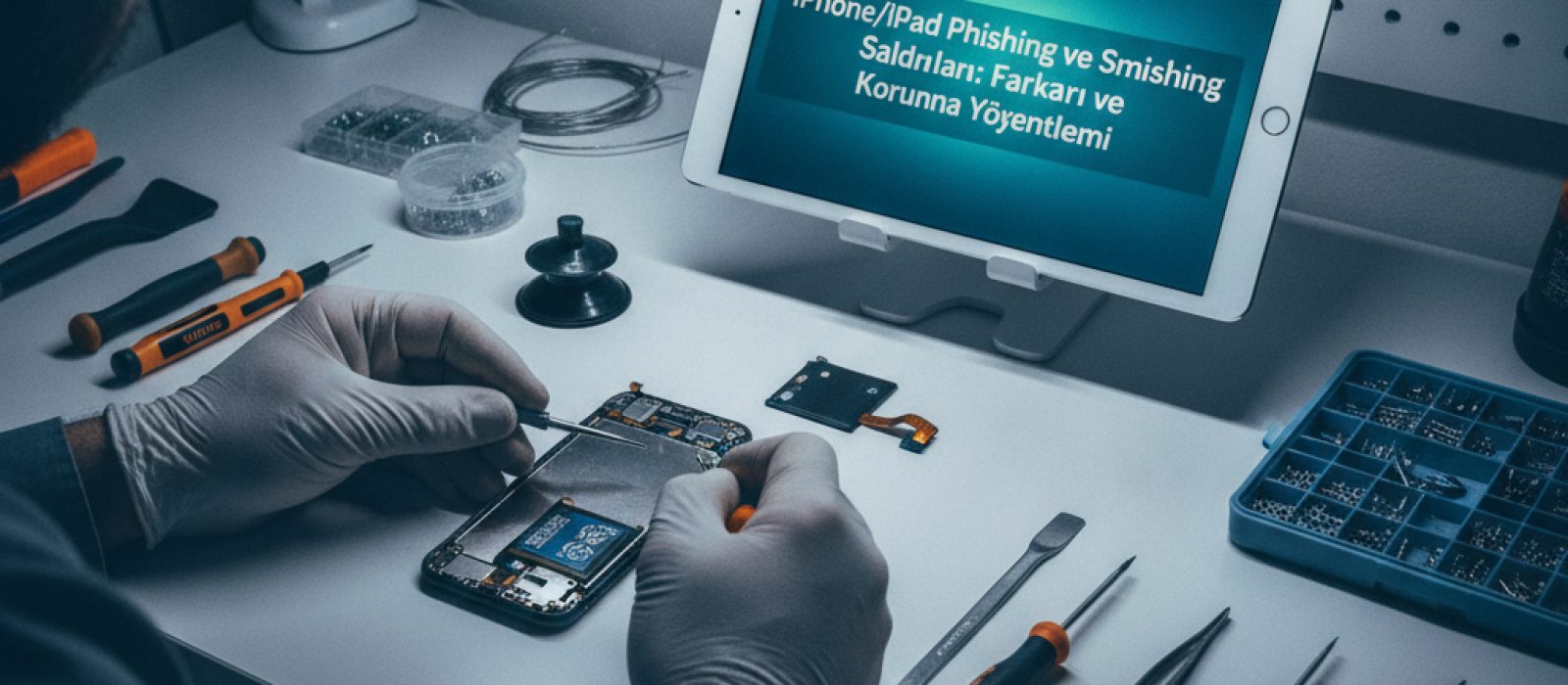 iPhone ve iPad ekranında sahte e-posta ve SMS mesajları gösteren bir görsel, phishing ve smishing saldırılarının farkını vurg