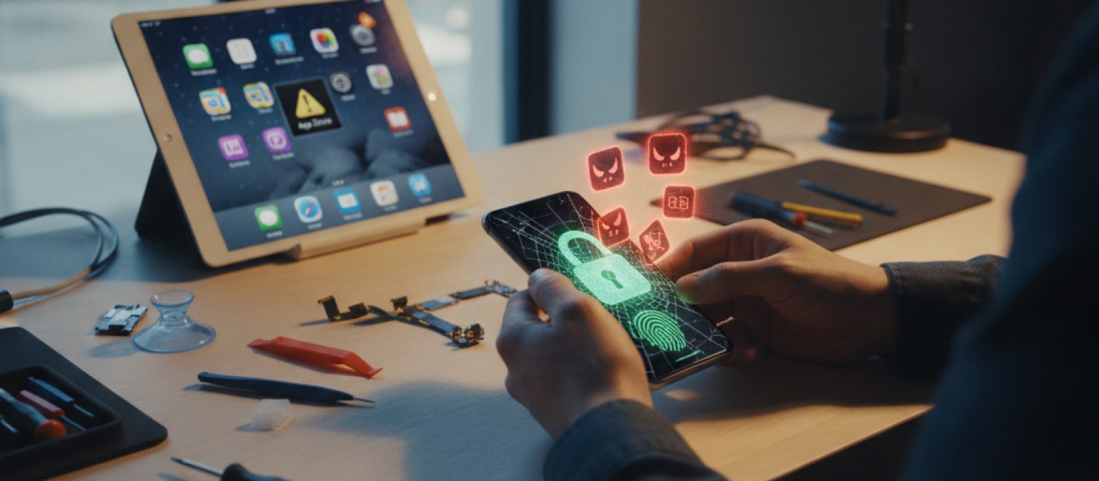 iPhone ekranında sahte uygulama ikonu ve App Store logosu, güvenlik uyarısı