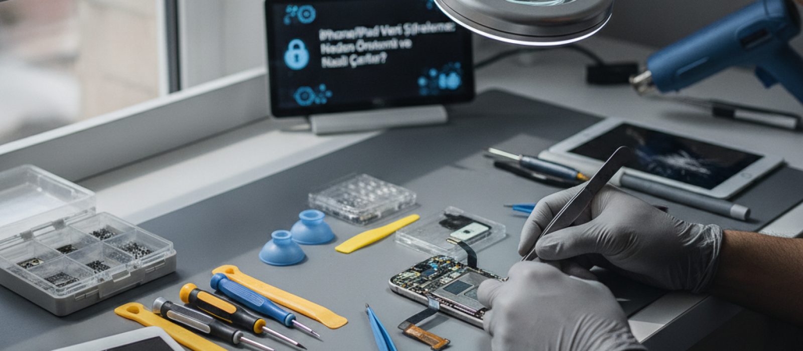 iPhone ve iPad ekranında şifreleme sembolleri, veri güvenliğini vurgulayan soyut bir görsel