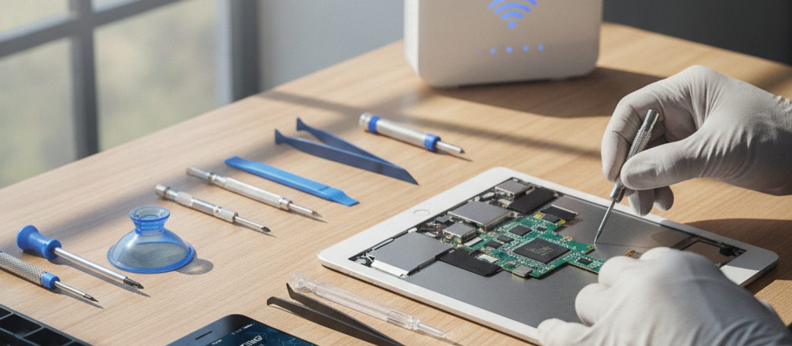 iPhone ve iPad ev wifi güvenliği için router ayarları yapılırken, ekranda router arayüzü ve bir elin mouse ile ayarları değiş