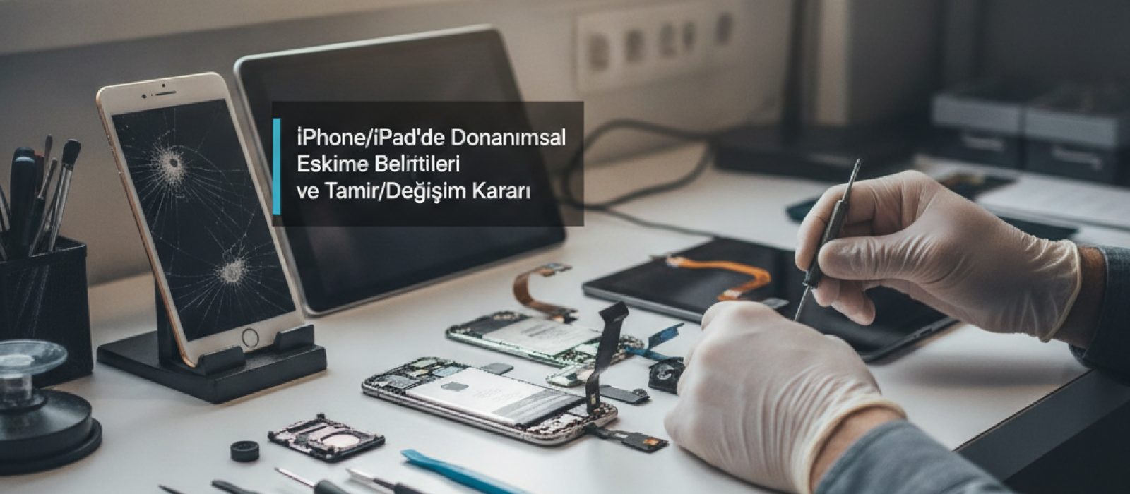 iPhone veya iPad'de donanımsal arıza belirtileri gösteren bir cihazın yakın çekimi, ekran çatlak veya batarya simgesi