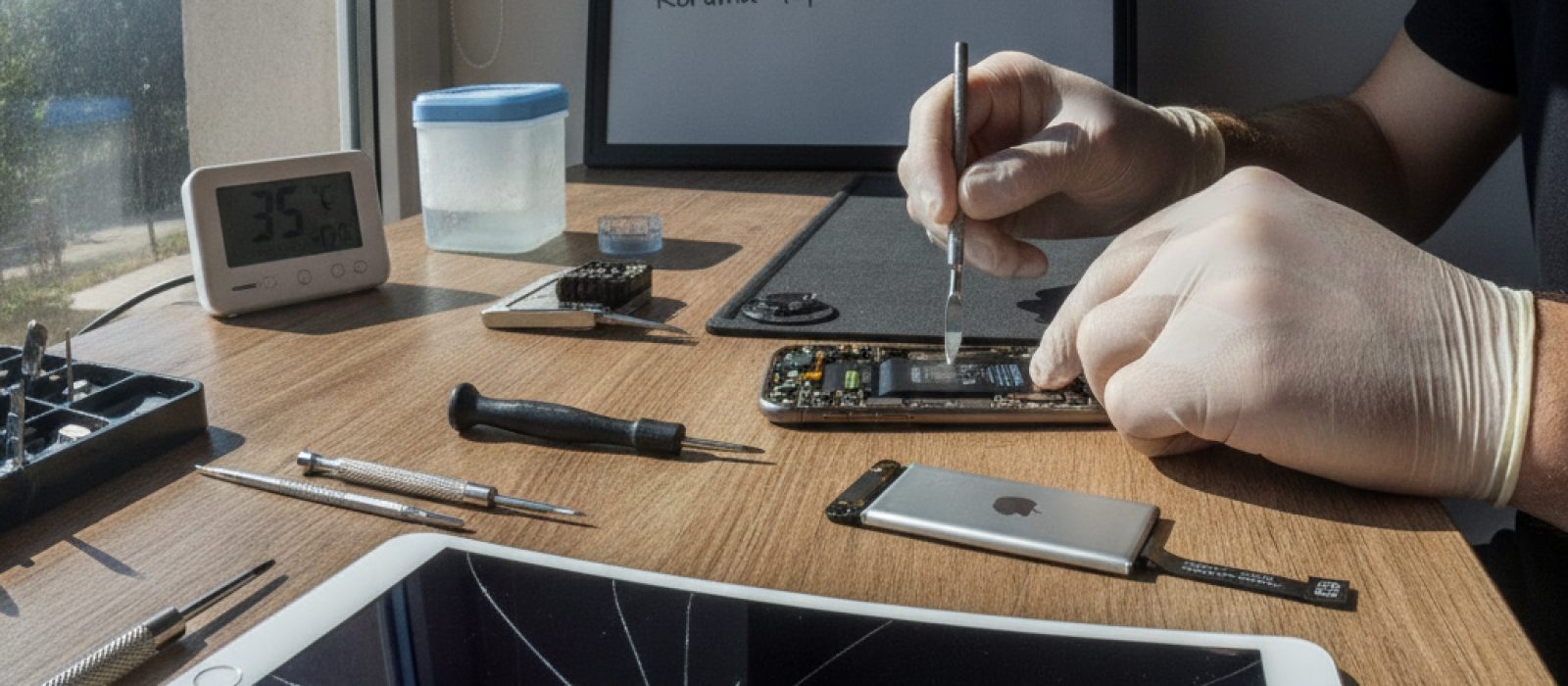 Karda donmuş bir iPhone ve sıcak güneş altında bir iPad görseli, batarya ömrünü etkileyen sıcaklıklar